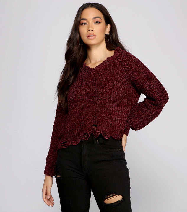 With fun and flirty details, Distressed And Chic Chenille Sweater shows off your unique style for a trendy outfit for the summer season!