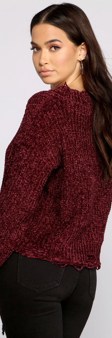 With fun and flirty details, Distressed And Chic Chenille Sweater shows off your unique style for a trendy outfit for the summer season!