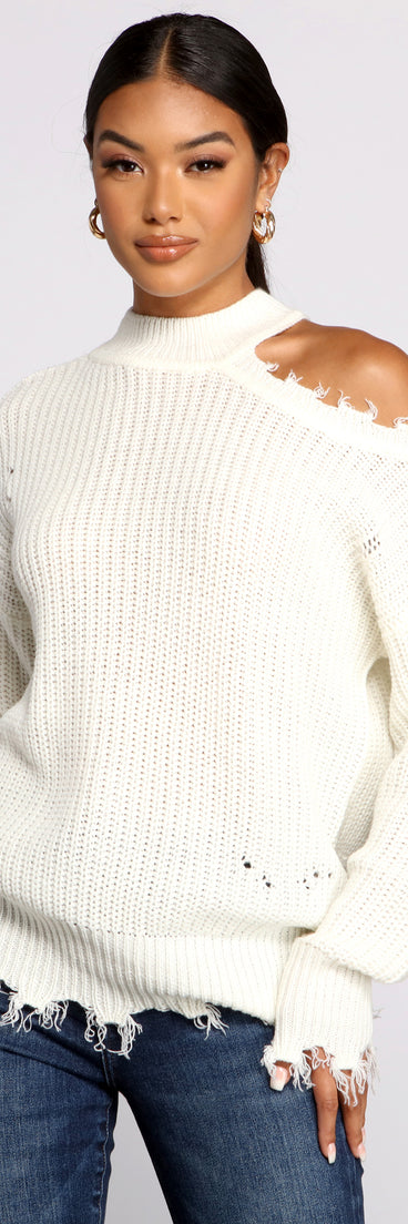With fun and flirty details, Distressed Cold Shoulder Crew Neck Sweater shows off your unique style for a trendy outfit for the summer season!