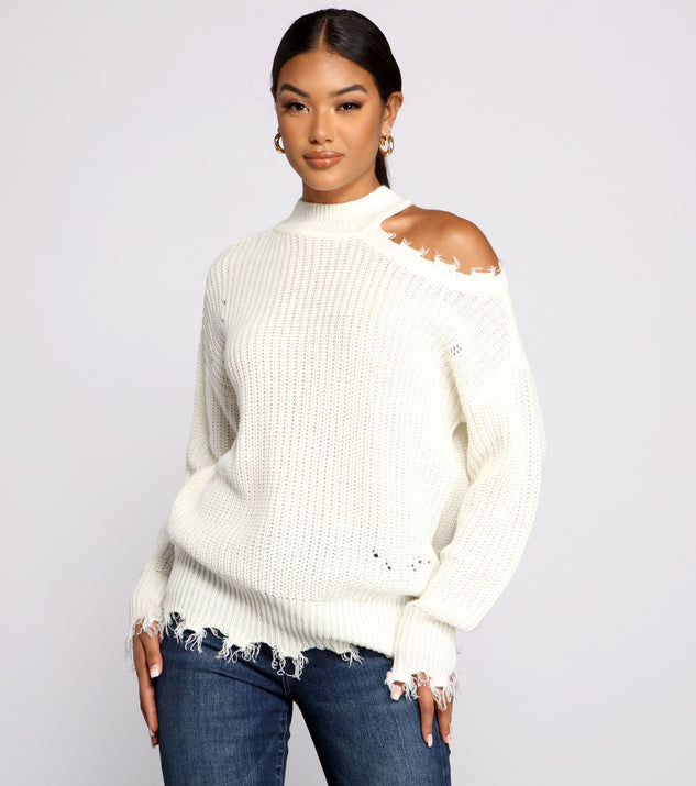 With fun and flirty details, Distressed Cold Shoulder Crew Neck Sweater shows off your unique style for a trendy outfit for the summer season!