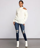 With fun and flirty details, Distressed Cold Shoulder Crew Neck Sweater shows off your unique style for a trendy outfit for the summer season!