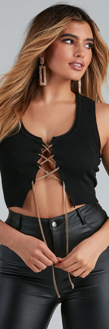Keeping Knit Spicy Lace-Up Sweater Top is a trendy pick to create 2023 festival outfits, festival dresses, outfits for concerts or raves, and complete your best party outfits!