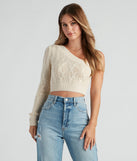The trendy One Shoulder Bliss Crop Sweater is the perfect pick to create a holiday outfit, new years attire, cocktail outfit, or party look for any seasonal event!