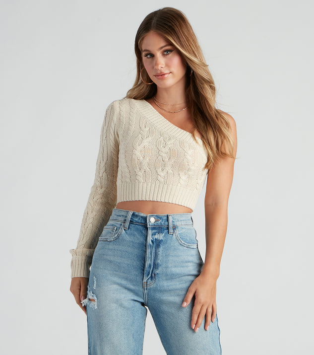 The trendy One Shoulder Bliss Crop Sweater is the perfect pick to create a holiday outfit, new years attire, cocktail outfit, or party look for any seasonal event!