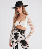 Crochet Cutie Long Sleeve Crop Top is a trendy pick to create 2024 concert outfits, festival dresses, outfits for raves, or to complete your best party outfits or clubwear!