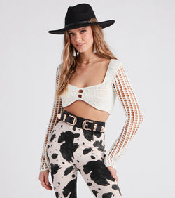 Crochet Cutie Long Sleeve Crop Top is a trendy pick to create 2024 concert outfits, festival dresses, outfits for raves, or to complete your best party outfits or clubwear!