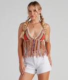 Festive Babe Crochet Fringe Top is a fire pick to create 2023 festival outfits, concert dresses, outfits for raves, or to complete your best party outfits or clubwear!
