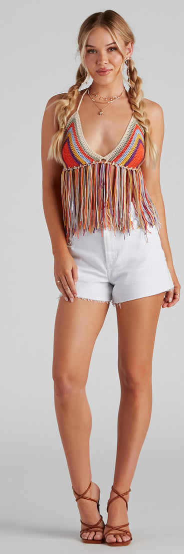 Festive Babe Crochet Fringe Top is a fire pick to create 2023 festival outfits, concert dresses, outfits for raves, or to complete your best party outfits or clubwear!