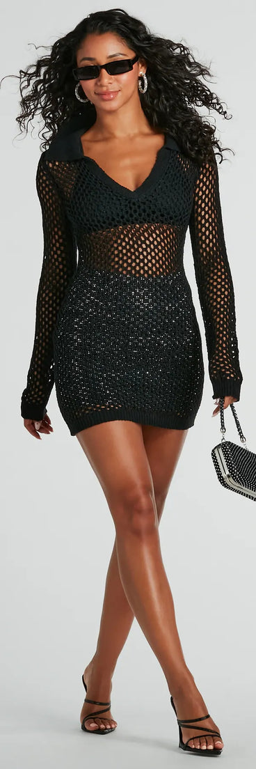 Strolls On The Beach V-Neck Crochet Mini Dress