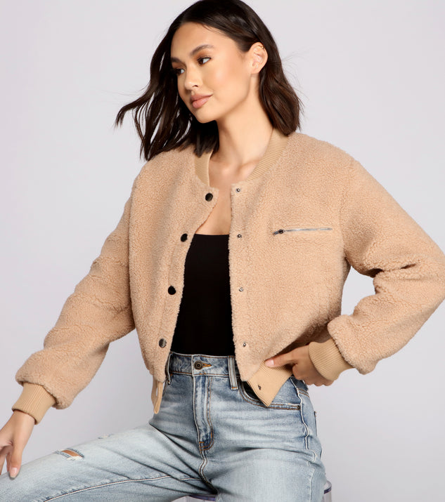 Snap Button Front Teddy Bomber Jacket helps create the best summer outfit for a look that slays at any event or occasion!