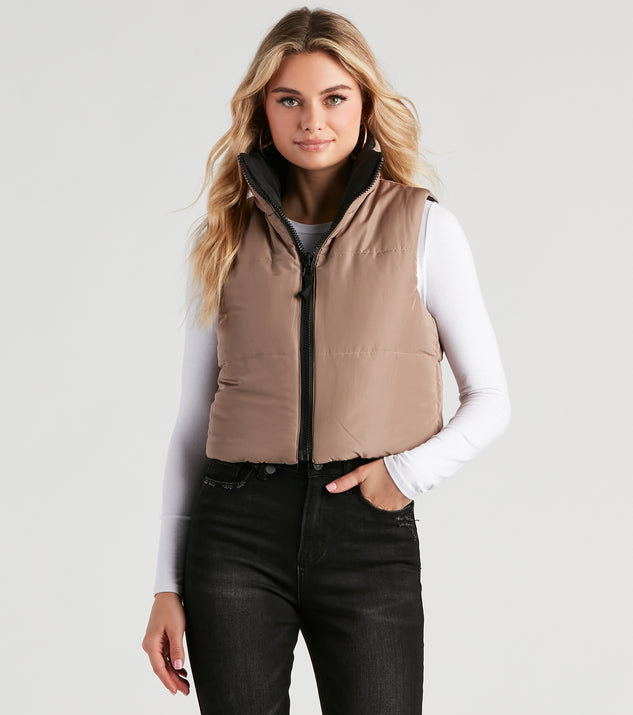 brown cropped puffer vest outfit
