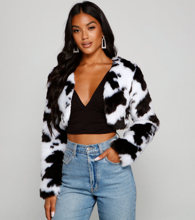 Faux Fur Cropped Cow Print Jacket | Windsor