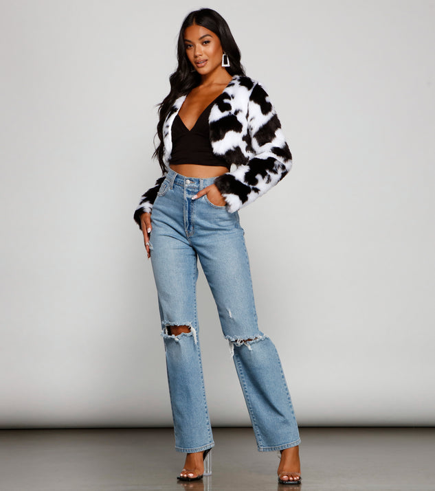 Faux Fur Cropped Cow Print Jacket | Windsor