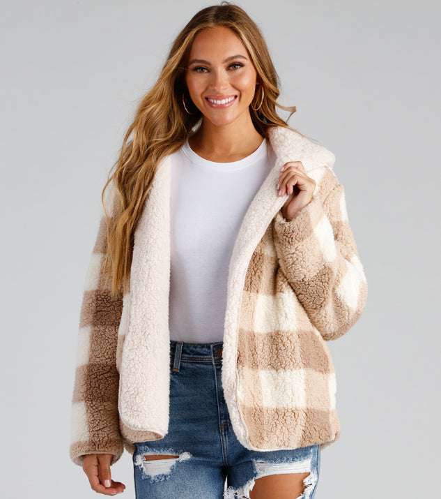 Cuddle Weather Plaid Sherpa Reversible Jacket helps create the best summer outfit for a look that slays at any event or occasion!