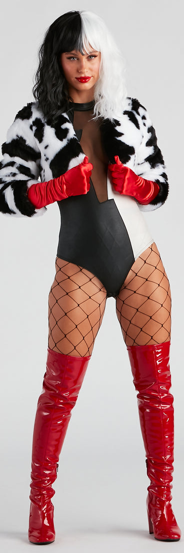 Women's Villainous Diva Costume from Windsor styled with a black and white spotted faux fur coat, color block bodysuit, red gloves, red thigh-high boots, and large gauge fishnet tights