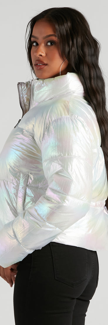 Chromatic Babe Crop Puffer Jacket helps create the best summer outfit for a look that slays at any event or occasion!