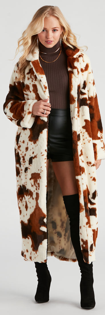 Total Icon Cow Faux Fur Long Coat helps create the best summer outfit for a look that slays at any event or occasion!