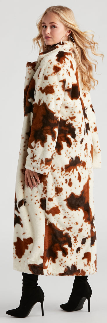 Total Icon Cow Faux Fur Long Coat helps create the best summer outfit for a look that slays at any event or occasion!