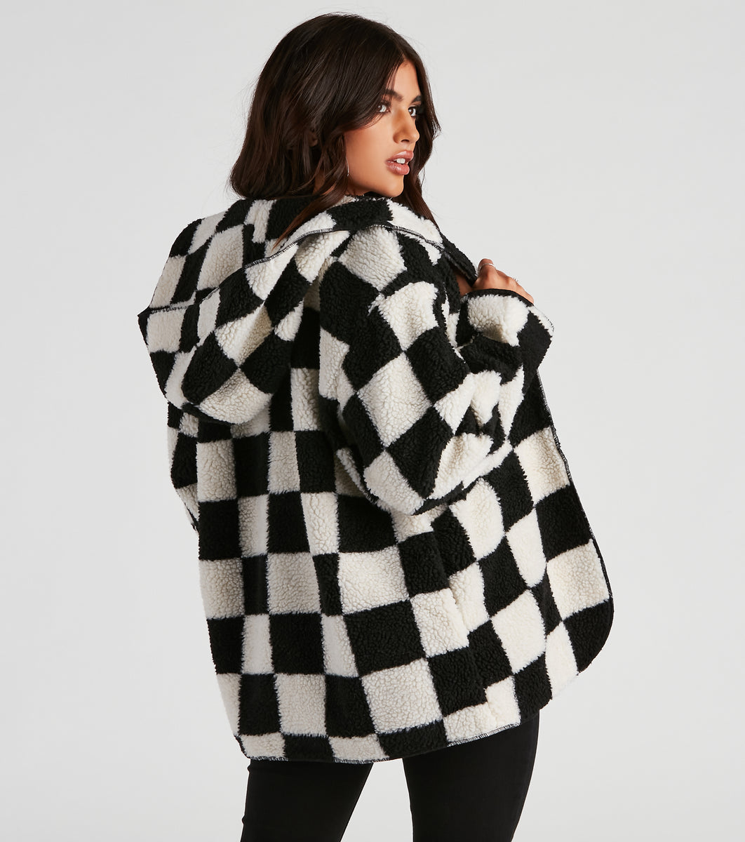 Cute Checkered Faux Sherpa Jacket
