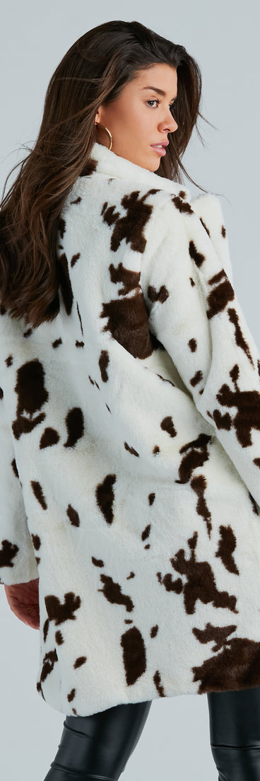 Stylishly Spotted Cow Print Faux Fur Coat