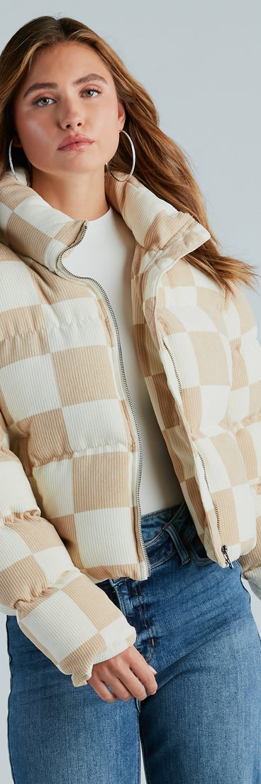 Check It Off Corduroy Checkered Puffer Jacket
