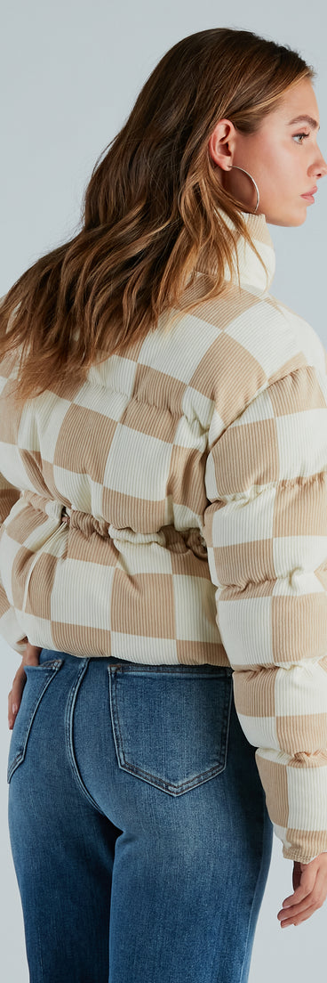 Check It Off Corduroy Checkered Puffer Jacket
