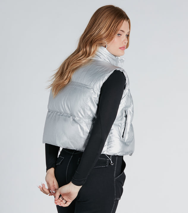 VERY J Shiny Metallic Zip Up Puffer Vest main image 1