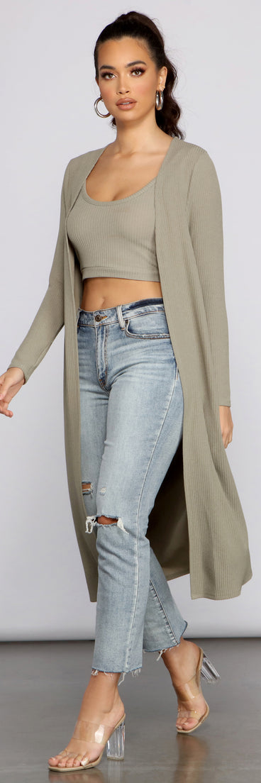 You’ll look stunning in the Casual And Cozy Ribbed Knit Duster when paired with its matching separate to create a glam clothing set perfect for parties, date nights, concert outfits, back-to-school attire, or for any summer event!