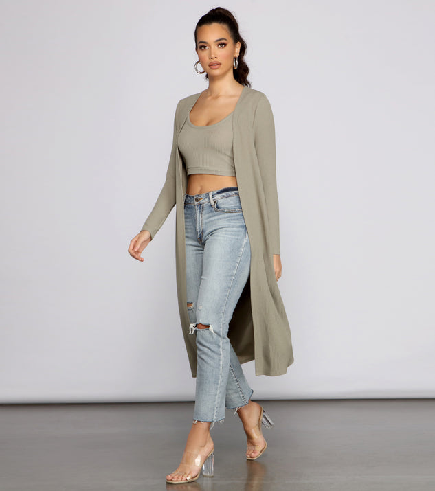 You’ll look stunning in the Casual And Cozy Ribbed Knit Duster when paired with its matching separate to create a glam clothing set perfect for parties, date nights, concert outfits, back-to-school attire, or for any summer event!