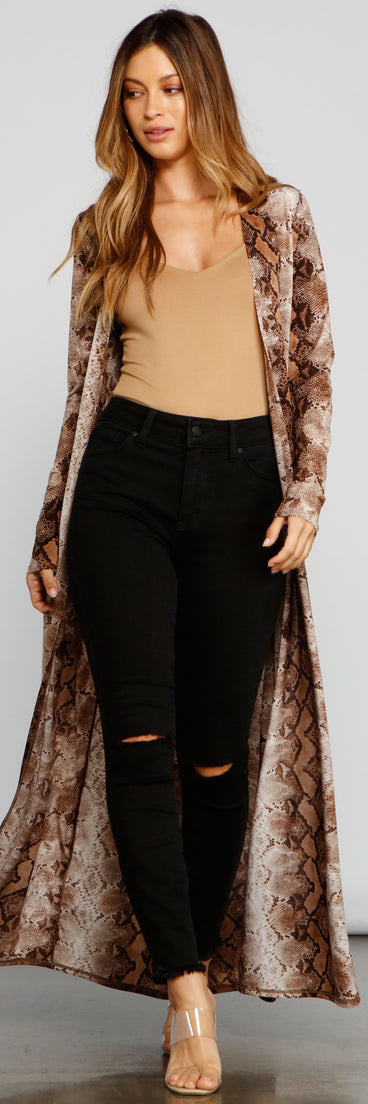 Stylish And Sassy Snake Knit Duster is a trendy pick to create 2023 festival outfits, festival dresses, outfits for concerts or raves, and complete your best party outfits!