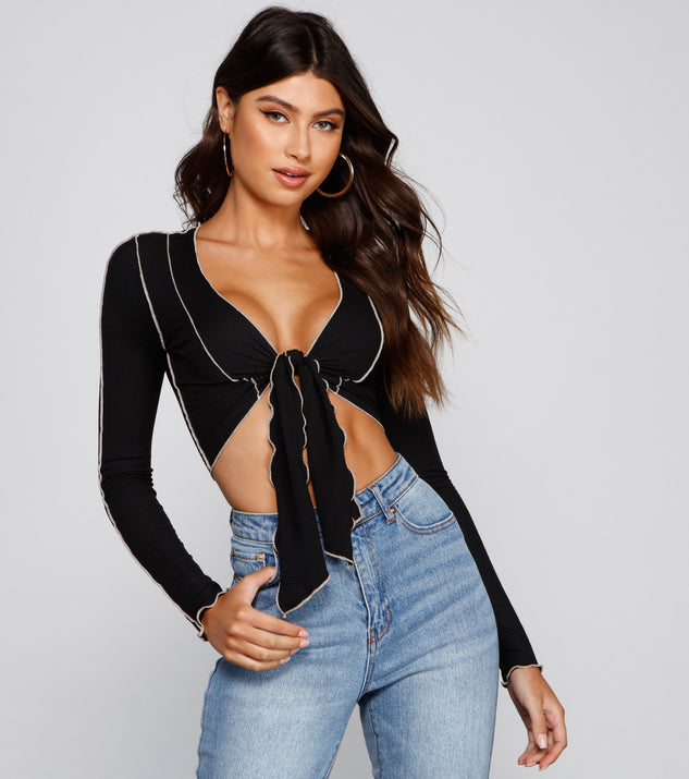 Dress up in Trendy Ribbed Knit Tie-Front Top as your going-out dress for holiday parties, an outfit for NYE, party dress for a girls’ night out, or a going-out outfit for any seasonal event!