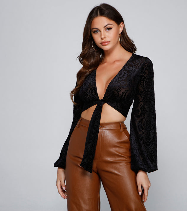 Dress up in Classic Beauty Tie-Front Burnout Top as your going-out dress for holiday parties, an outfit for NYE, party dress for a girls’ night out, or a going-out outfit for any seasonal event!
