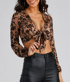 Chic Velvet Burnout Tie-Front Top is a trendy pick to create 2024 concert outfits, festival dresses, outfits for raves, or to complete your best party outfits or clubwear!