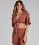 Flirty Flowy Sleeve Tie-Front Top is a trendy pick to create 2023 festival outfits, festival dresses, outfits for concerts or raves, and complete your best party outfits!