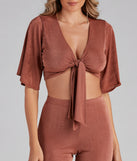 Flirty Flowy Sleeve Tie-Front Top is a trendy pick to create 2023 festival outfits, festival dresses, outfits for concerts or raves, and complete your best party outfits!