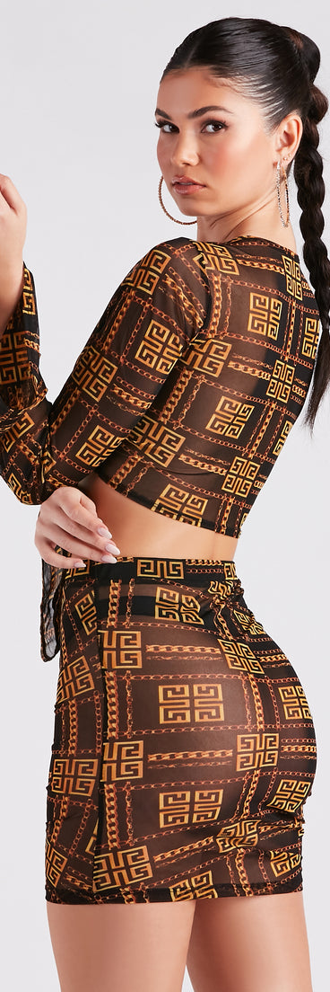 Greek Key On Fleek Mesh Tie-Front Top