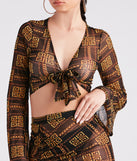 Greek Key On Fleek Mesh Tie-Front Top