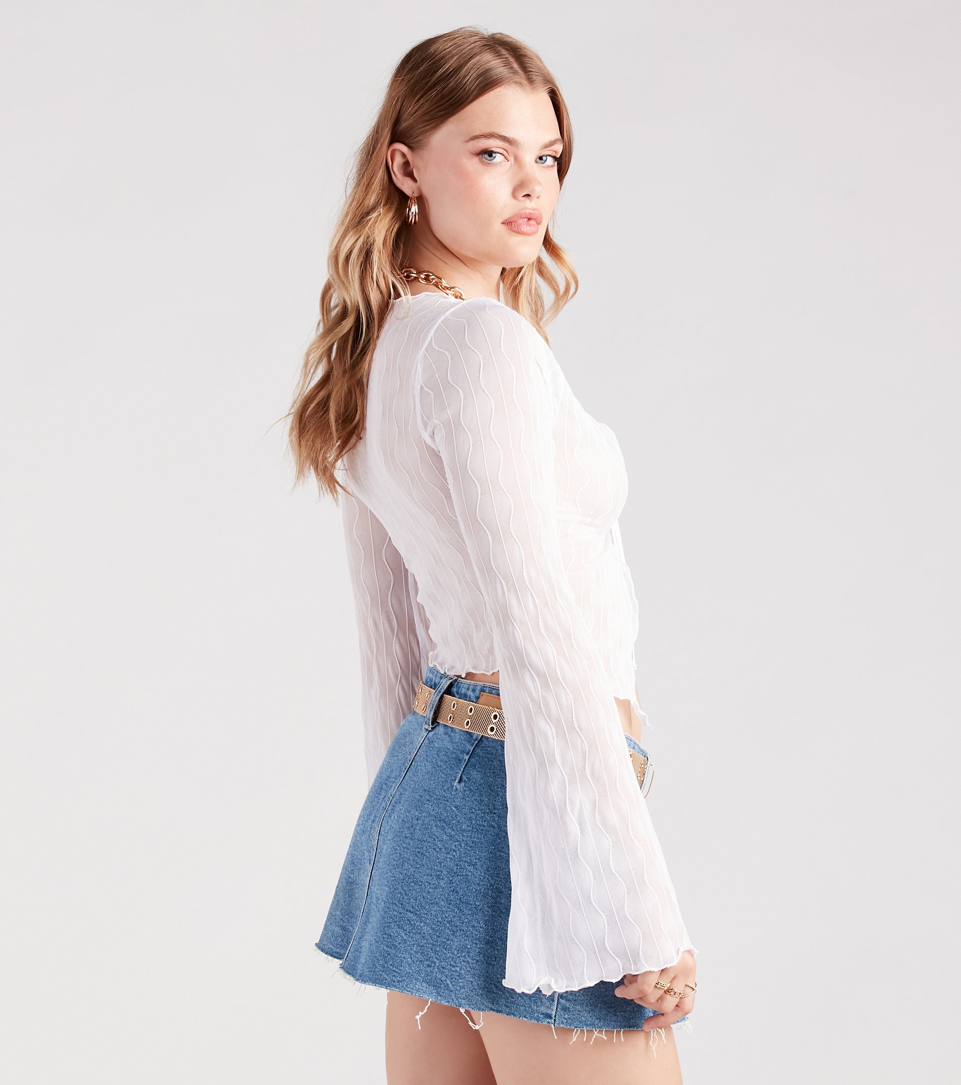 Texture Babe Bell Sleeve Tie-Front Crop Top | Windsor