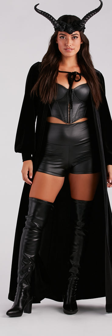 Evil queen costume from Windsor styled with a costume horns, a long black velvet cape with hood, faux leather corset top, black faux leather shorts, and thigh-high heeled boots.