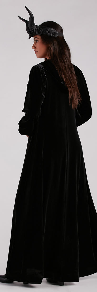 Back view of the Halloween Black Velvet Cape With Hood styled for Halloween 2023 by Windsor.