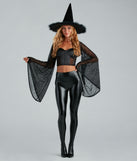 Adult women’s witch costume from Windsor features a black spiderweb print black sheer bolero, a strapless bustier top, liquid leggings, and black boots.