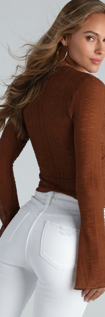 Trendy Textured Sheer Mesh Tie-Front Top