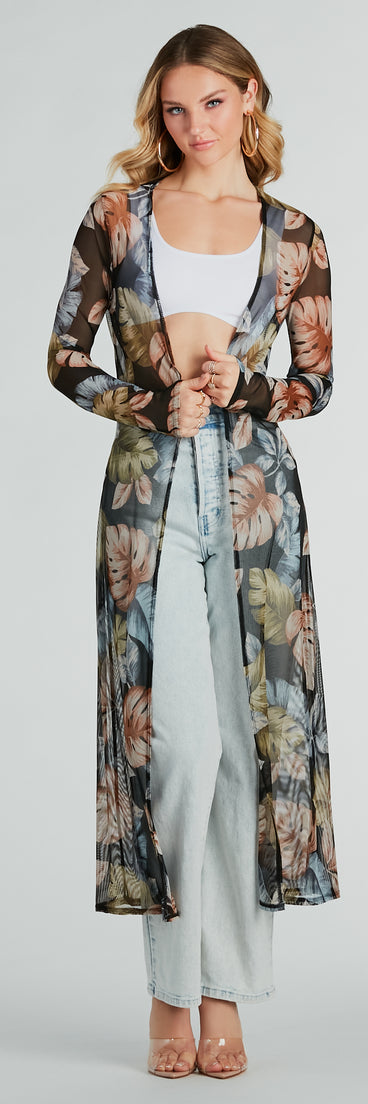 Refresh your wardrobe with the Resort-Ready Tropical Print Mesh Duster, a fashion jacket that adds statement style to every look.