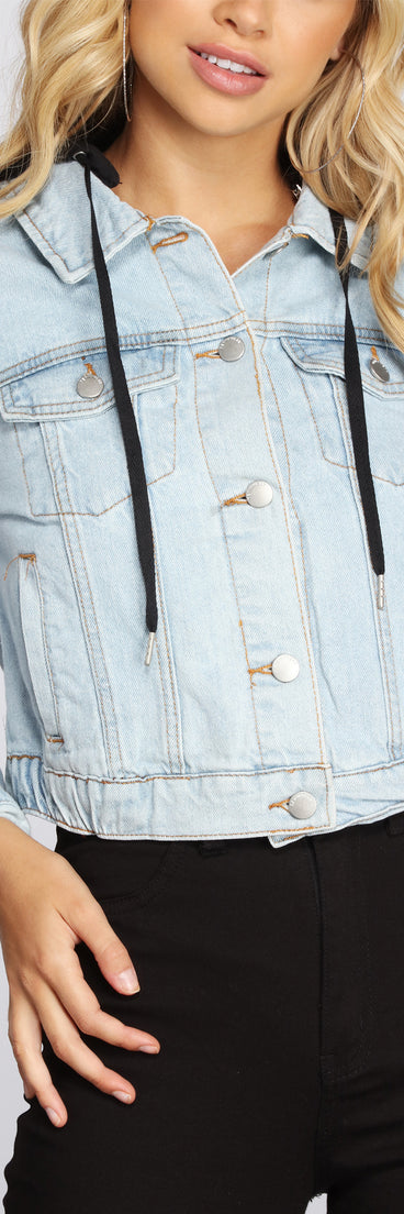 Casually Covered Denim Hoodie Jacket for 2023 festival outfits, festival dress, outfits for raves, concert outfits, and/or club outfits