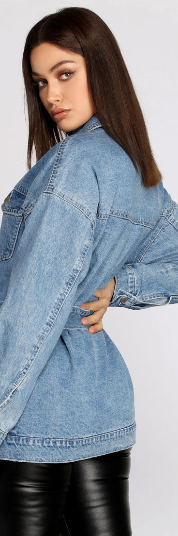 Classic Belted Denim Jacket for 2023 festival outfits, festival dress, outfits for raves, concert outfits, and/or club outfits