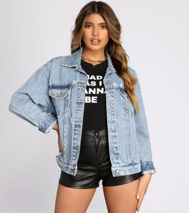 Squad Goals Over-Sized Denim Jacket is a trendy pick to create 2023 festival outfits, festival dresses, outfits for concerts or raves, and complete your best party outfits!