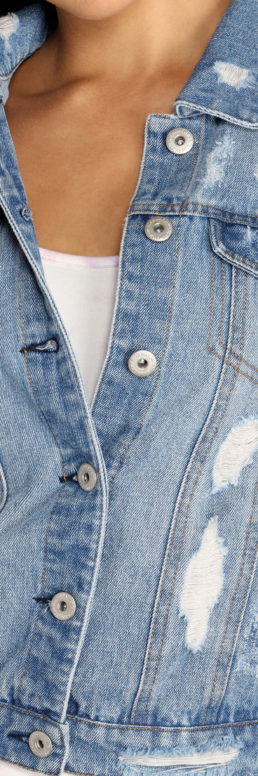 Denim Daze Destructed Jacket is a trendy pick to create 2023 festival outfits, festival dresses, outfits for concerts or raves, and complete your best party outfits!