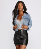 Eye Catcher Sparkling Denim Cropped Jacket is a trendy pick to create 2023 festival outfits, festival dresses, outfits for concerts or raves, and complete your best party outfits!
