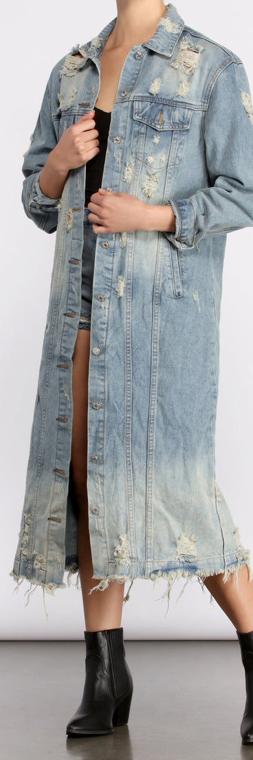 Stylishly Destructed Long Line Denim Jacket helps create the best summer outfit for a look that slays at any event or occasion!