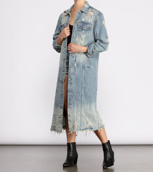 Stylishly Destructed Long Line Denim Jacket Windsor
